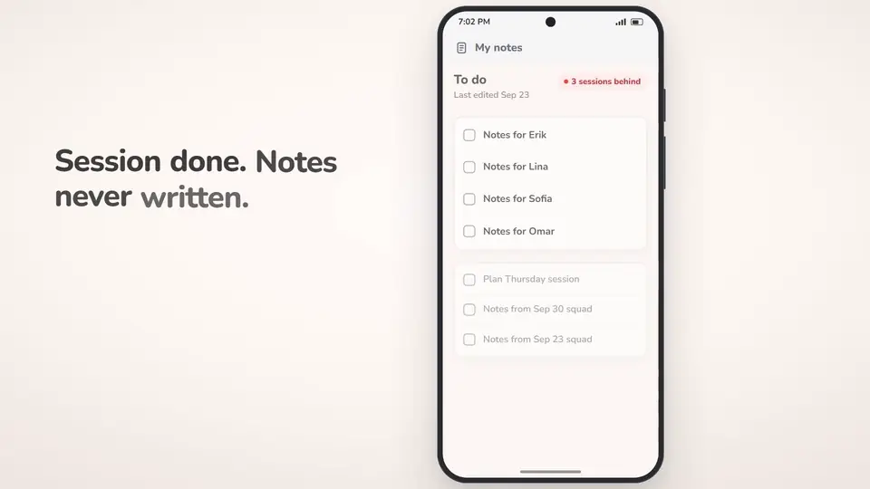 Animated demo of PokaMind Coach with example data. A swim coach holds a button and talks for a minute, gets a drafted note for each swimmer, edits one, checks it and sends it in the swimmer's language.