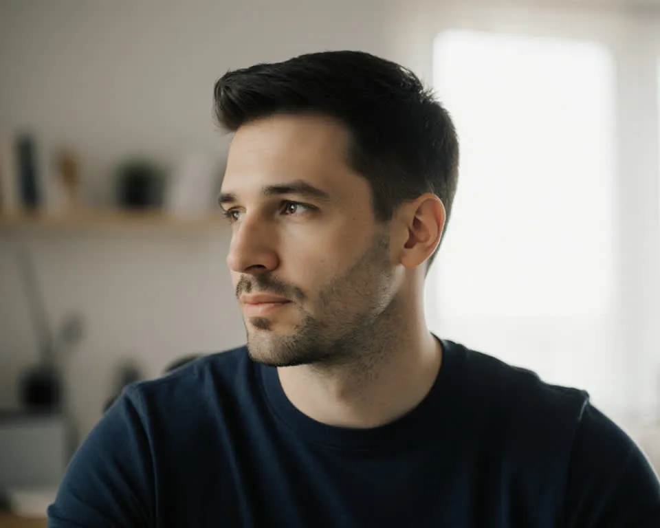 Illustration of a practice session: a sales rep with an AI-generated face listens to the AI, playing a procurement lead, before he answers out loud.