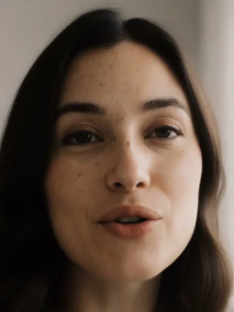 A woman with an AI-generated face answers out loud in a practice session.